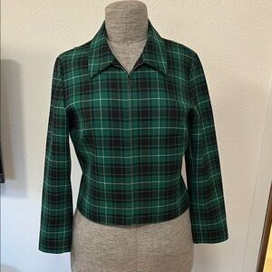 Green Plaid Zip-Up Wool Pendleton Blazer 14 petite (or cropped fit) made in USA!